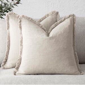 Fringed Linen-Texture Accent Pillow in Cream
